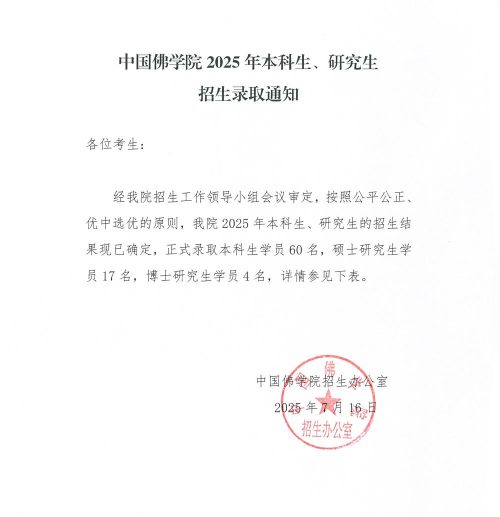 中国佛学院2025年度招生录取通知